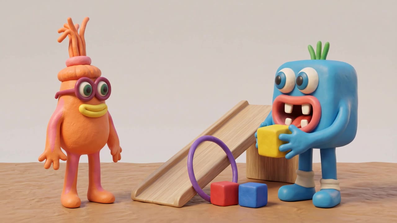 Two clay monsters, a ramp and building blocks: a frame from “Learning Shapes”, a film the MonstoryX pipeline made.