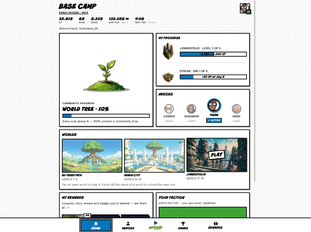 Base Camp — XP, streaks, heroes, worlds and the community World Tree