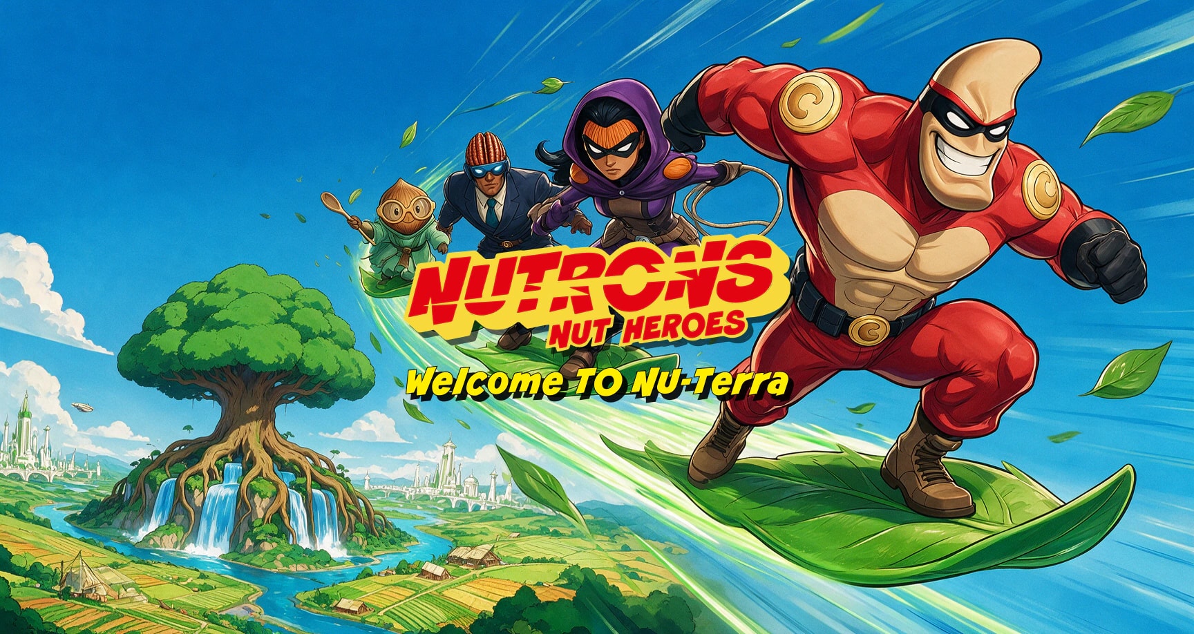 Nutrons hub hero: four nut superheroes surf leaves past the World Tree of Nu-Terra.