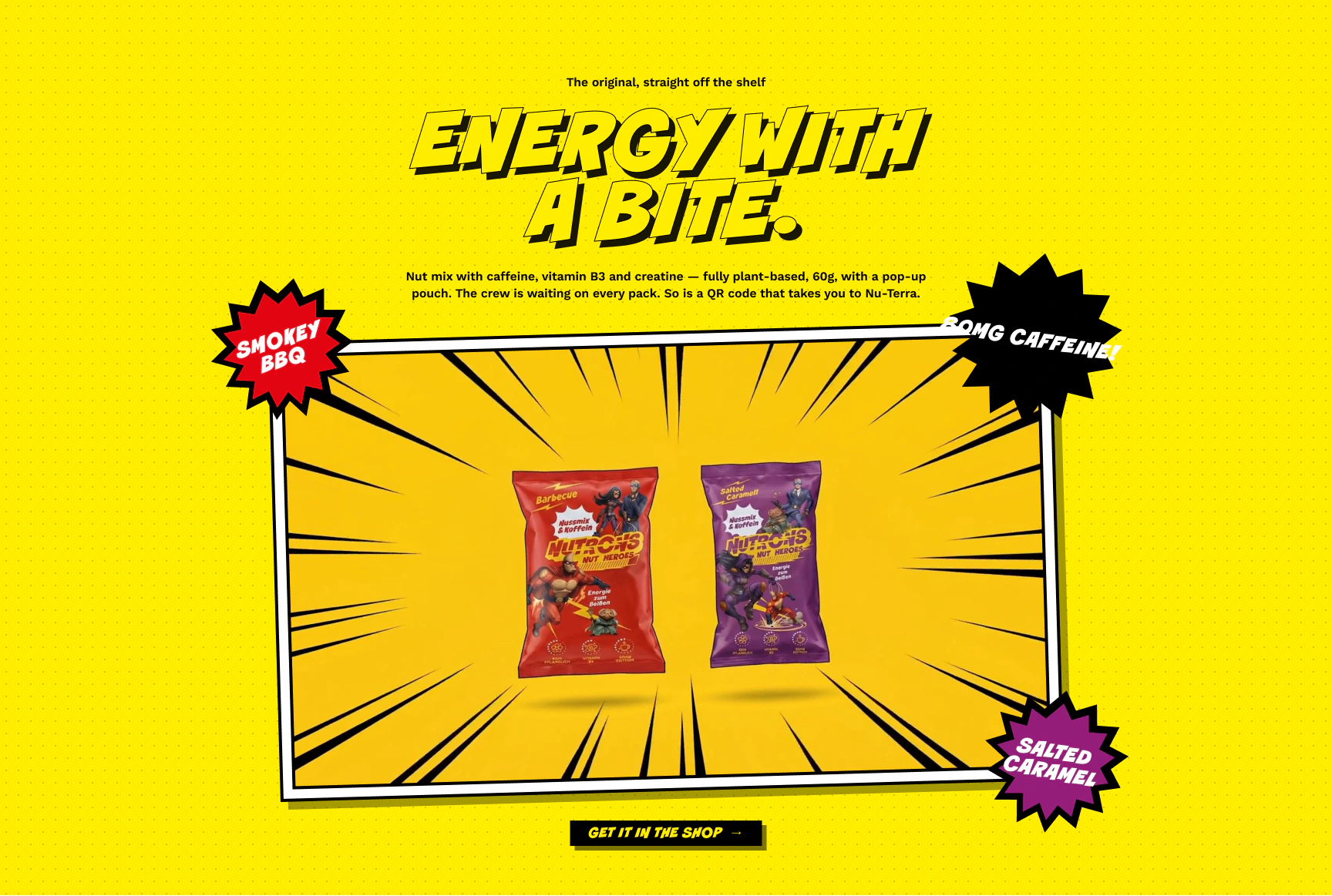 Product — halftone, starbursts, the pack as hero