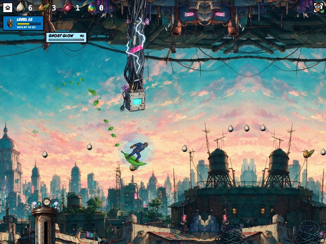 Canopy Run, Junkropolis — hold to rise, release to dive; Ghost Glow active