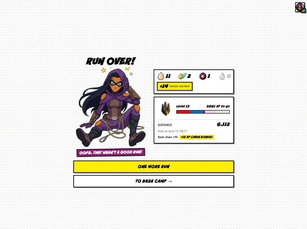 Run over — Seeds banked, chain bonus, one more run